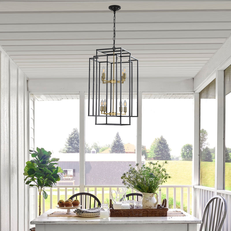8-Lights Lantern Tiered Pendant Light Fixtures, Industrial Farmhouse Hanging Chandelier for Entryway, Foyer, Living Room, Kitchen Island, Staircase(Black & Gold)