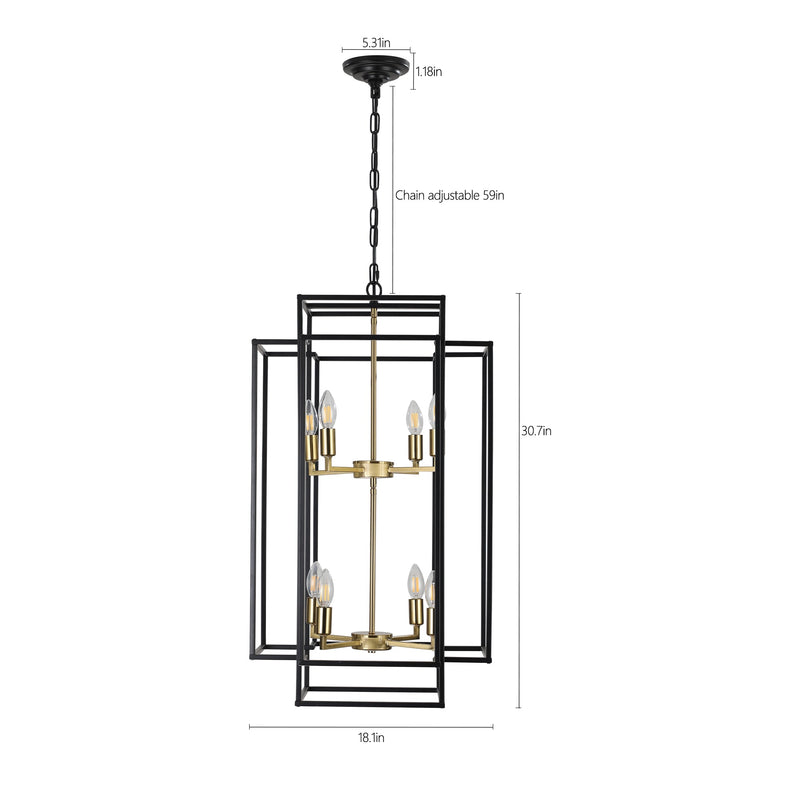8-Lights Lantern Tiered Pendant Light Fixtures, Industrial Farmhouse Hanging Chandelier for Entryway, Foyer, Living Room, Kitchen Island, Staircase(Black & Gold)