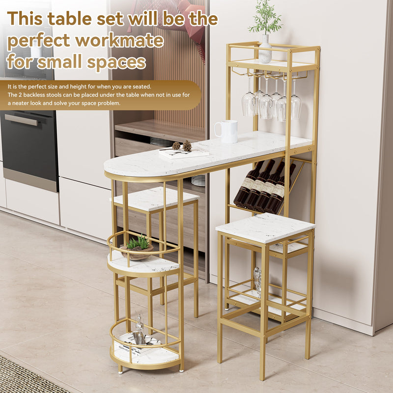3 Pcs Bar Table and Chairs Set, Modern White Kitchen Bar Height Dining Table Wood Breakfast Pub Table with Gold Base with Shelves, Glass Rack, Wine Bottle Rack, with 2 Bar Stools