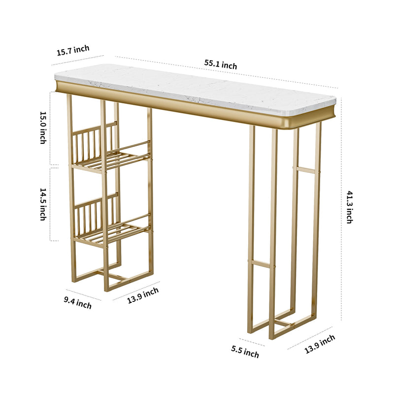 55.1" Modern Straight Bar Table with Shelves in White & Gold