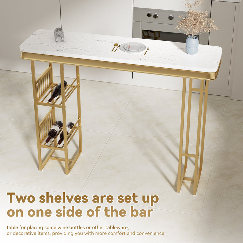 55.1" Modern Straight Bar Table with Shelves in White & Gold