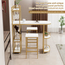 3 Pcs Bar Table and Chairs Set, Modern White Kitchen Bar Height Dining Table Wood Breakfast Pub Table with Gold Base with Shelves, Glass Rack, Wine Bottle Rack, with 2 Bar Stools