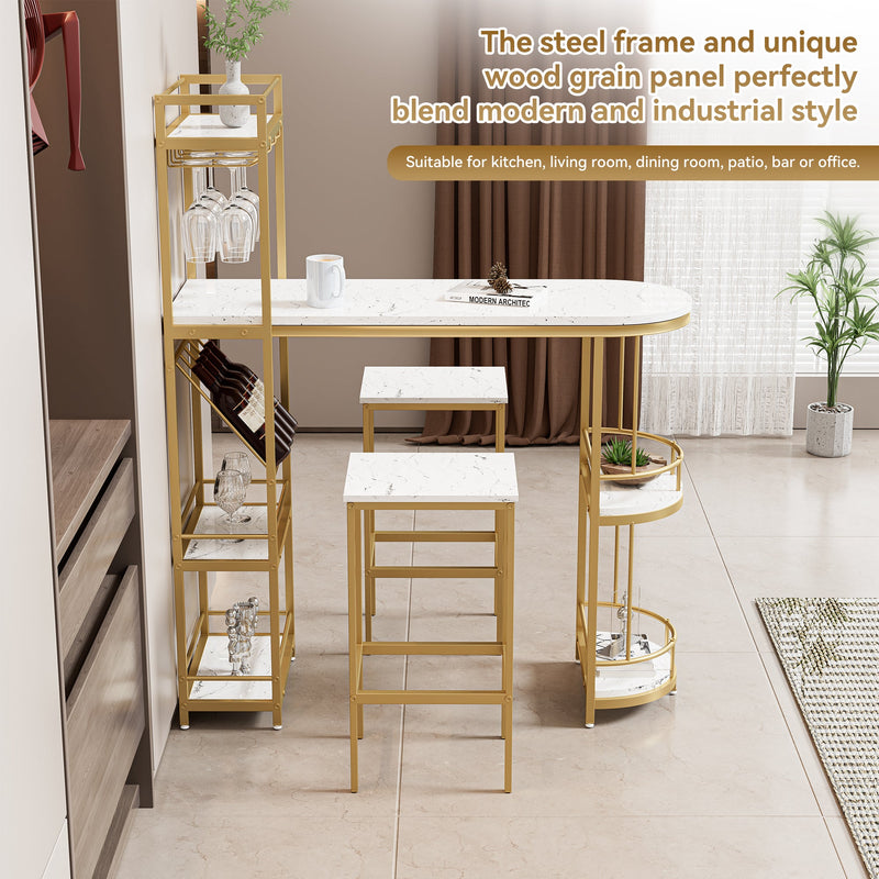 3 Pcs Bar Table and Chairs Set, Modern White Kitchen Bar Height Dining Table Wood Breakfast Pub Table with Gold Base with Shelves, Glass Rack, Wine Bottle Rack, with 2 Bar Stools