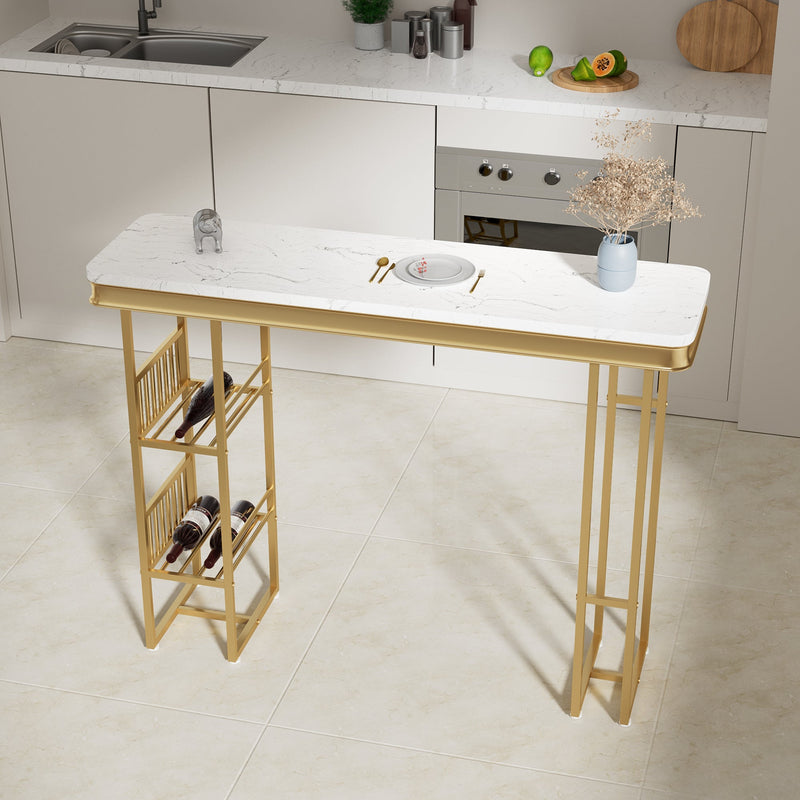 55.1" Modern Straight Bar Table with Shelves in White & Gold