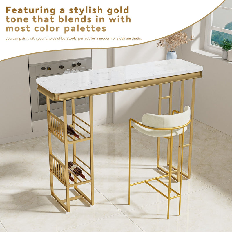55.1" Modern Straight Bar Table with Shelves in White & Gold