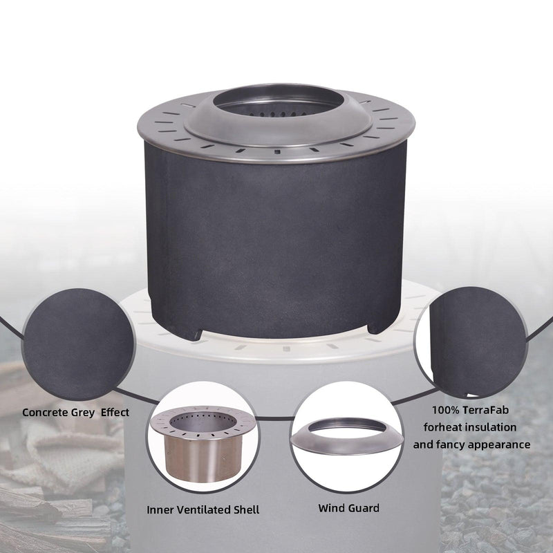 Dark Grey Faux Concrete Texture Smokeless Firepit with Wood Pellet/Twig/Wood as The Fuel for Garden & Outdoor