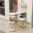 3 Pcs Bar Table and Chairs Set, Modern White Kitchen Bar Height Dining Table Wood Breakfast Pub Table with Gold Base with Shelves, Glass Rack, Wine Bottle Rack, with 2 Bar Stools