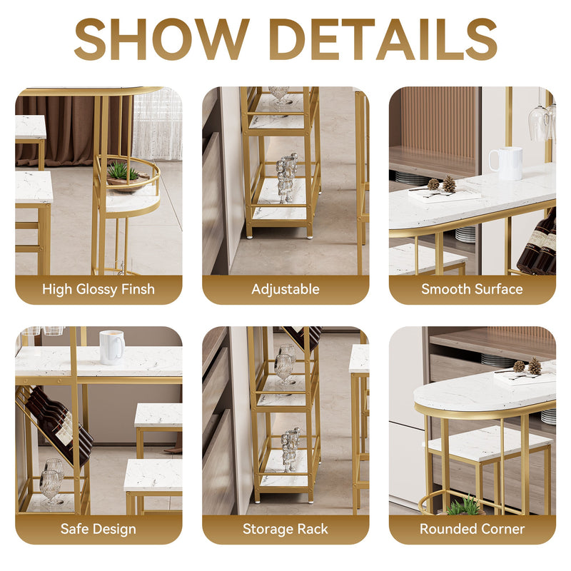 3 Pcs Bar Table and Chairs Set, Modern White Kitchen Bar Height Dining Table Wood Breakfast Pub Table with Gold Base with Shelves, Glass Rack, Wine Bottle Rack, with 2 Bar Stools