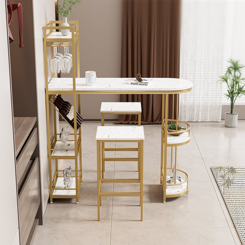 3 Pcs Bar Table and Chairs Set, Modern White Kitchen Bar Height Dining Table Wood Breakfast Pub Table with Gold Base with Shelves, Glass Rack, Wine Bottle Rack, with 2 Bar Stools