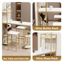 3 Pcs Bar Table and Chairs Set, Modern White Kitchen Bar Height Dining Table Wood Breakfast Pub Table with Gold Base with Shelves, Glass Rack, Wine Bottle Rack, with 2 Bar Stools