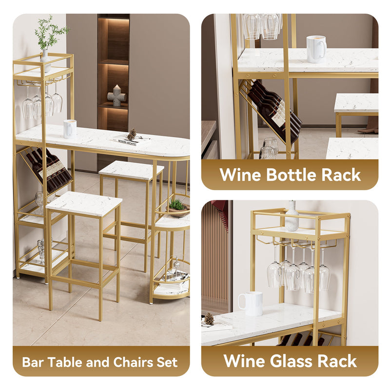 3 Pcs Bar Table and Chairs Set, Modern White Kitchen Bar Height Dining Table Wood Breakfast Pub Table with Gold Base with Shelves, Glass Rack, Wine Bottle Rack, with 2 Bar Stools