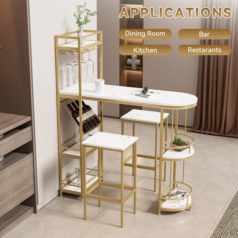 3 Pcs Bar Table and Chairs Set, Modern White Kitchen Bar Height Dining Table Wood Breakfast Pub Table with Gold Base with Shelves, Glass Rack, Wine Bottle Rack, with 2 Bar Stools