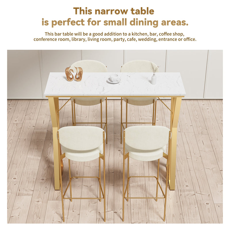 47" Modern High White Bar Table with Golden Double Pedestal