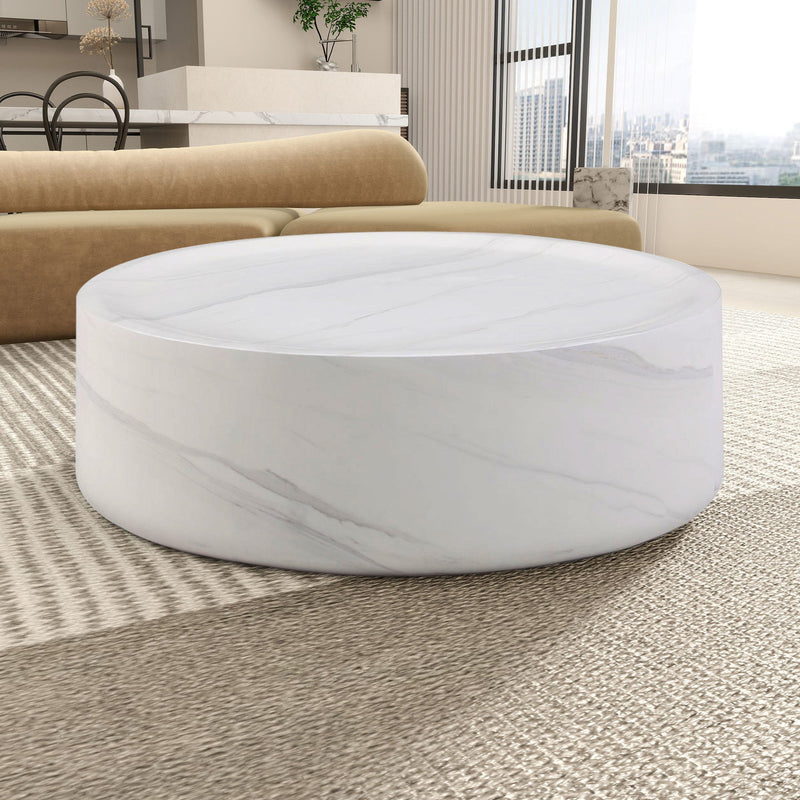 39.37" White Marble Round Coffee Table Sturdy Fiberglass table for Living Room, No Need Assembly.