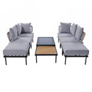 8-Piece Patio Sectional Sofa Set with Tempered Glass Coffee Table and Wooden Coffee Table for Outdoor Oasis, Garden, Patio and Poolside (Light Grey Cushion + Black Steel)