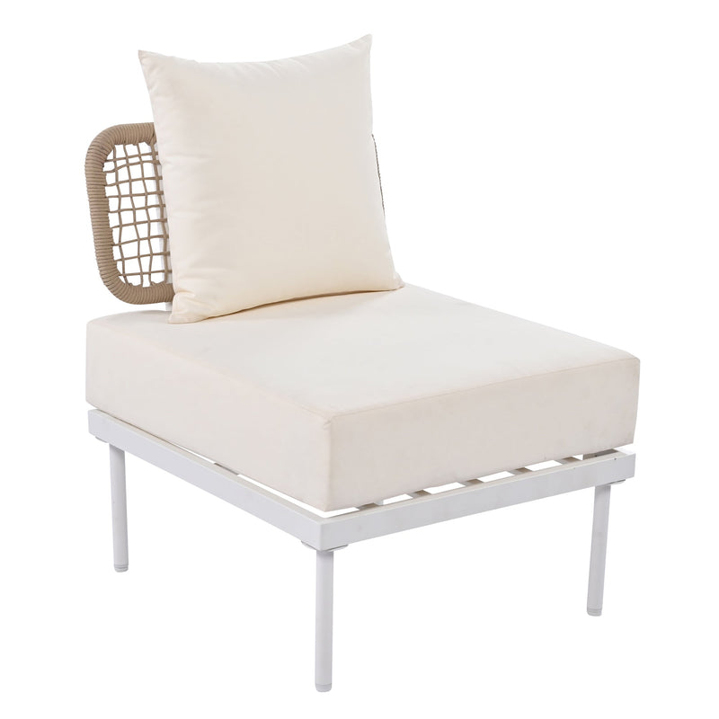 8-Piece Patio Sectional Sofa Set with Tempered Glass Coffee Table and Wooden Coffee Table for Outdoor Oasis, Garden, Patio and Poolside (Beige Cushion + White Steel)