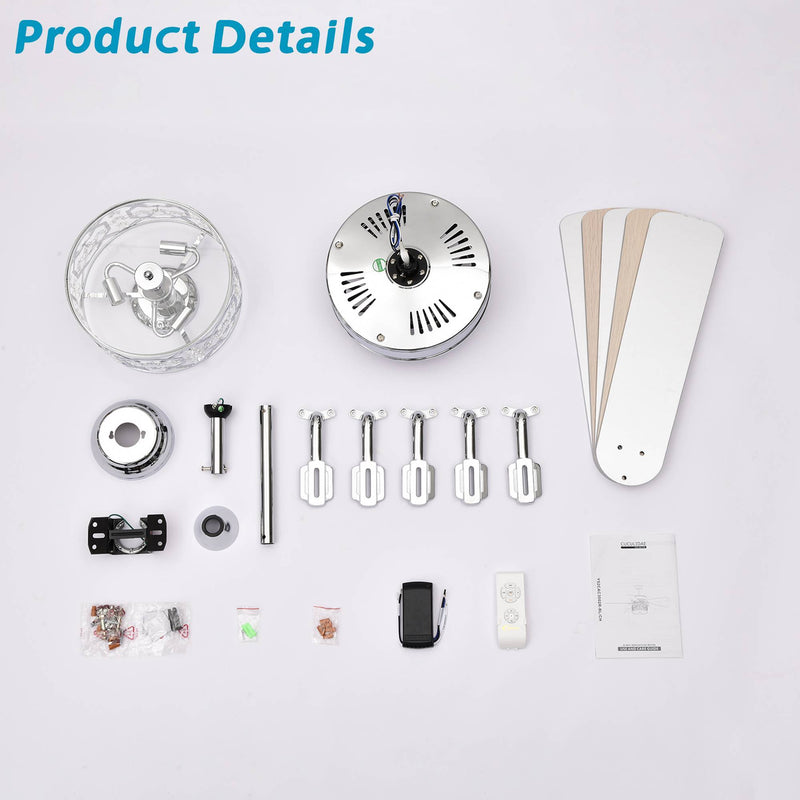 52 Inch Crystal Chandelier Fan Dual Finish Reversible Blades, Fandelier for Living Room, Dining Room, Bedroom, Family Room, Chrome