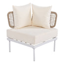 8-Piece Patio Sectional Sofa Set with Tempered Glass Coffee Table and Wooden Coffee Table for Outdoor Oasis, Garden, Patio and Poolside (Beige Cushion + White Steel)