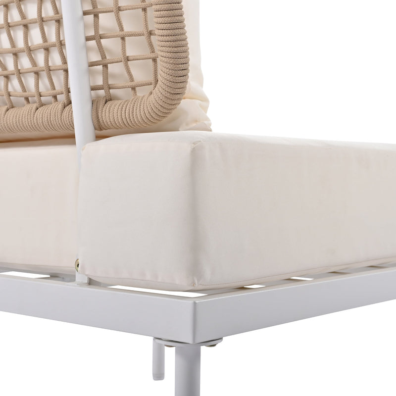 8-Piece Patio Sectional Sofa Set with Tempered Glass Coffee Table and Wooden Coffee Table for Outdoor Oasis, Garden, Patio and Poolside (Beige Cushion + White Steel)