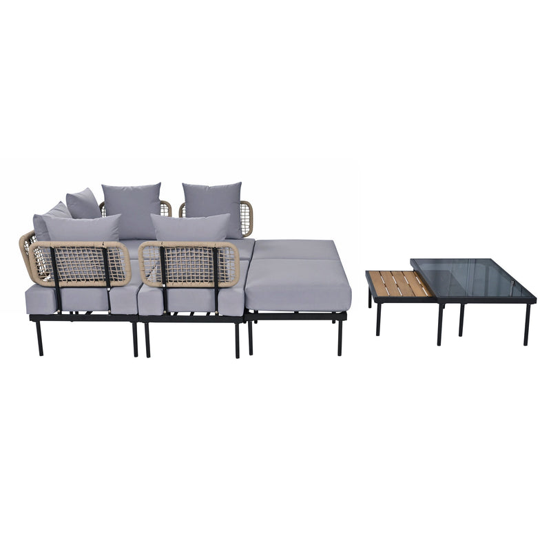 8-Piece Patio Sectional Sofa Set with Tempered Glass Coffee Table and Wooden Coffee Table for Outdoor Oasis, Garden, Patio and Poolside (Light Grey Cushion + Black Steel)