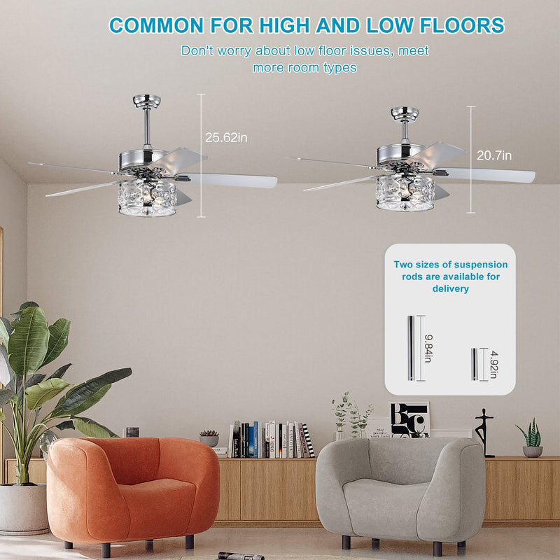 52 Inch Crystal Chandelier Fan Dual Finish Reversible Blades, Fandelier for Living Room, Dining Room, Bedroom, Family Room, Chrome