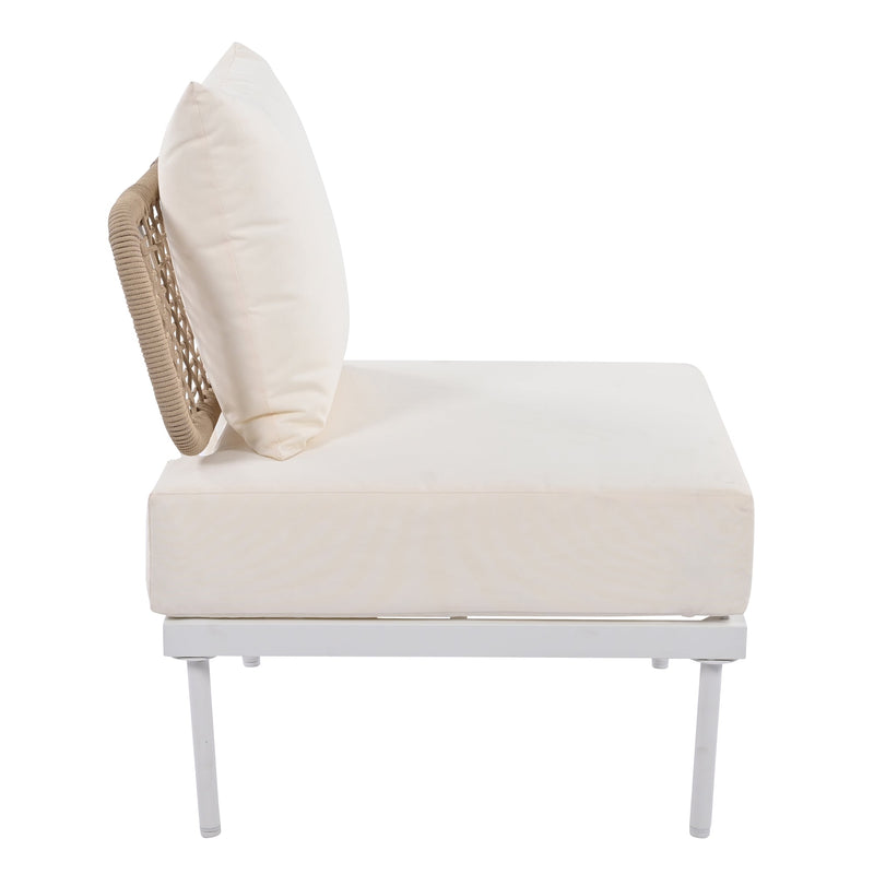 8-Piece Patio Sectional Sofa Set with Tempered Glass Coffee Table and Wooden Coffee Table for Outdoor Oasis, Garden, Patio and Poolside (Beige Cushion + White Steel)