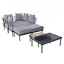 8-Piece Patio Sectional Sofa Set with Tempered Glass Coffee Table and Wooden Coffee Table for Outdoor Oasis, Garden, Patio and Poolside (Light Grey Cushion + Black Steel)