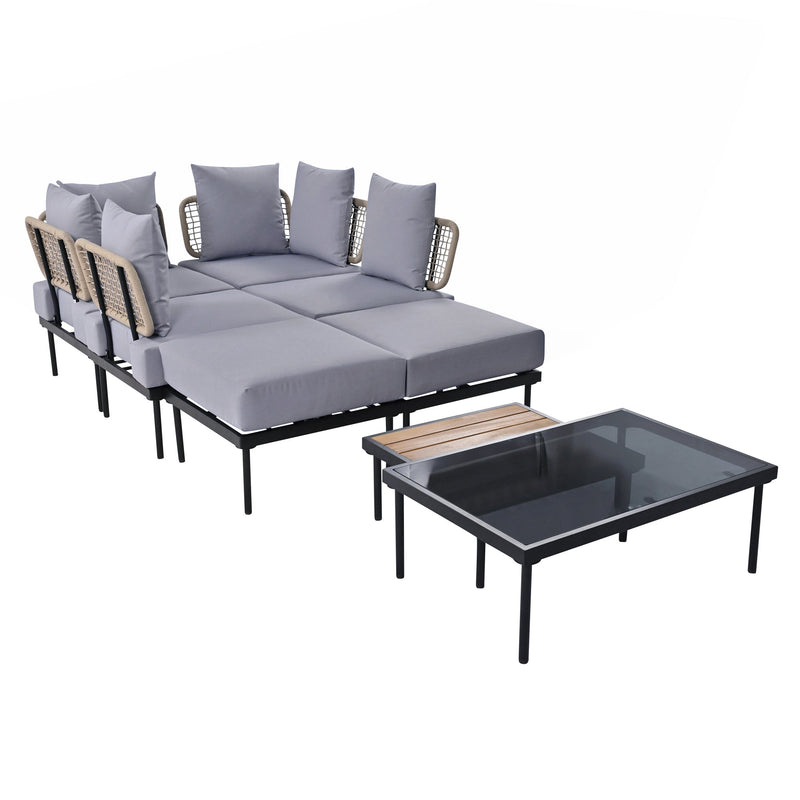 8-Piece Patio Sectional Sofa Set with Tempered Glass Coffee Table and Wooden Coffee Table for Outdoor Oasis, Garden, Patio and Poolside (Light Grey Cushion + Black Steel)