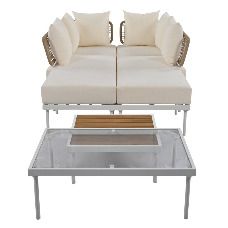 8-Piece Patio Sectional Sofa Set with Tempered Glass Coffee Table and Wooden Coffee Table for Outdoor Oasis, Garden, Patio and Poolside (Beige Cushion + White Steel)