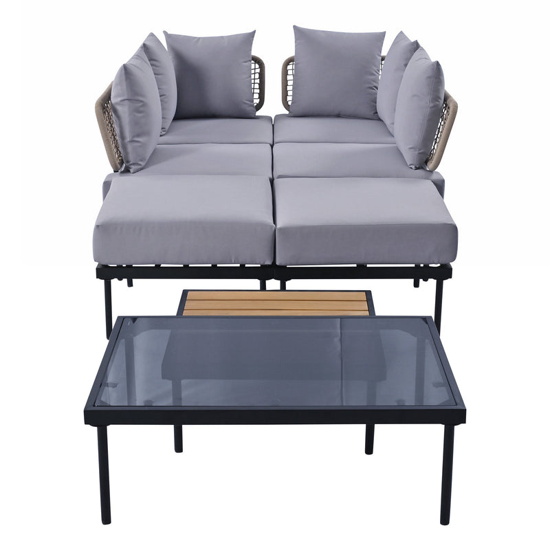 8-Piece Patio Sectional Sofa Set with Tempered Glass Coffee Table and Wooden Coffee Table for Outdoor Oasis, Garden, Patio and Poolside (Light Grey Cushion + Black Steel)