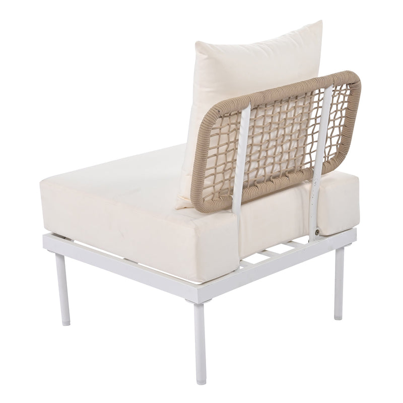 8-Piece Patio Sectional Sofa Set with Tempered Glass Coffee Table and Wooden Coffee Table for Outdoor Oasis, Garden, Patio and Poolside (Beige Cushion + White Steel)