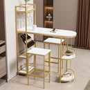 3 Pcs Bar Table and Chairs Set, Modern White Kitchen Bar Height Dining Table Wood Breakfast Pub Table with Gold Base with Shelves, Glass Rack, Wine Bottle Rack, with 2 Bar Stools