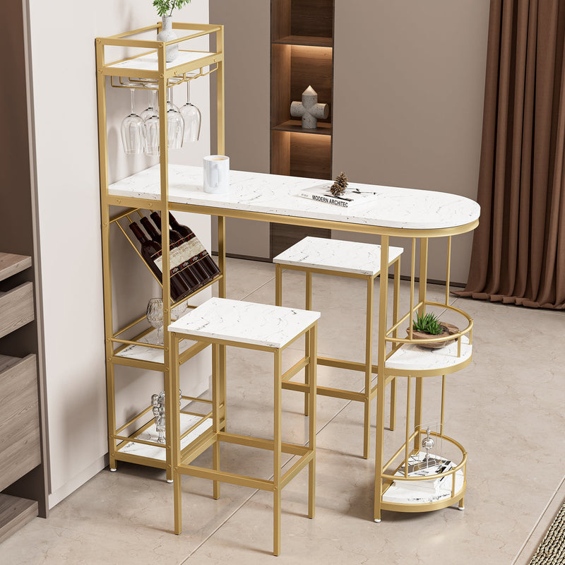 3 Pcs Bar Table and Chairs Set, Modern White Kitchen Bar Height Dining Table Wood Breakfast Pub Table with Gold Base with Shelves, Glass Rack, Wine Bottle Rack, with 2 Bar Stools