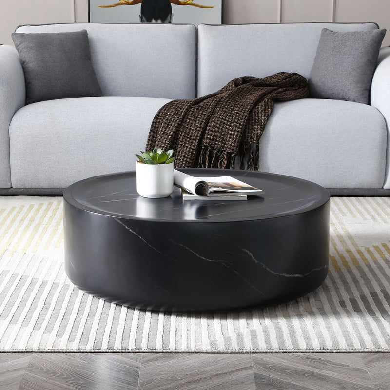 35.43" Black Marble Round Coffee Table,Simple Modern Center Cocktail Table for Living Room office,No Need Assembly.