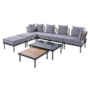 8-Piece Patio Sectional Sofa Set with Tempered Glass Coffee Table and Wooden Coffee Table for Outdoor Oasis, Garden, Patio and Poolside (Light Grey Cushion + Black Steel)