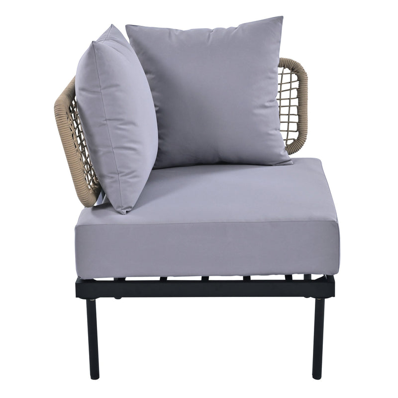 8-Piece Patio Sectional Sofa Set with Tempered Glass Coffee Table and Wooden Coffee Table for Outdoor Oasis, Garden, Patio and Poolside (Light Grey Cushion + Black Steel)