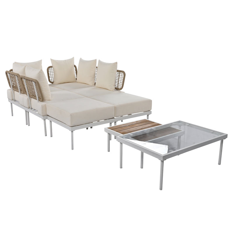 8-Piece Patio Sectional Sofa Set with Tempered Glass Coffee Table and Wooden Coffee Table for Outdoor Oasis, Garden, Patio and Poolside (Beige Cushion + White Steel)