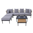 8-Piece Patio Sectional Sofa Set with Tempered Glass Coffee Table and Wooden Coffee Table for Outdoor Oasis, Garden, Patio and Poolside (Light Grey Cushion + Black Steel)