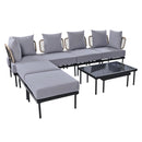 8-Piece Patio Sectional Sofa Set with Tempered Glass Coffee Table and Wooden Coffee Table for Outdoor Oasis, Garden, Patio and Poolside (Light Grey Cushion + Black Steel)