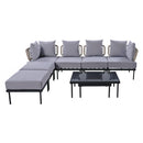 8-Piece Patio Sectional Sofa Set with Tempered Glass Coffee Table and Wooden Coffee Table for Outdoor Oasis, Garden, Patio and Poolside (Light Grey Cushion + Black Steel)