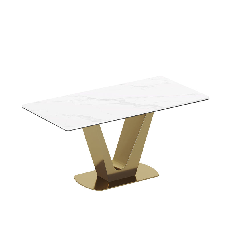 0.47" Thick Sintered Stone Composite Tempered Glass Top Dining Table with V-Shape Stainless Steel Base