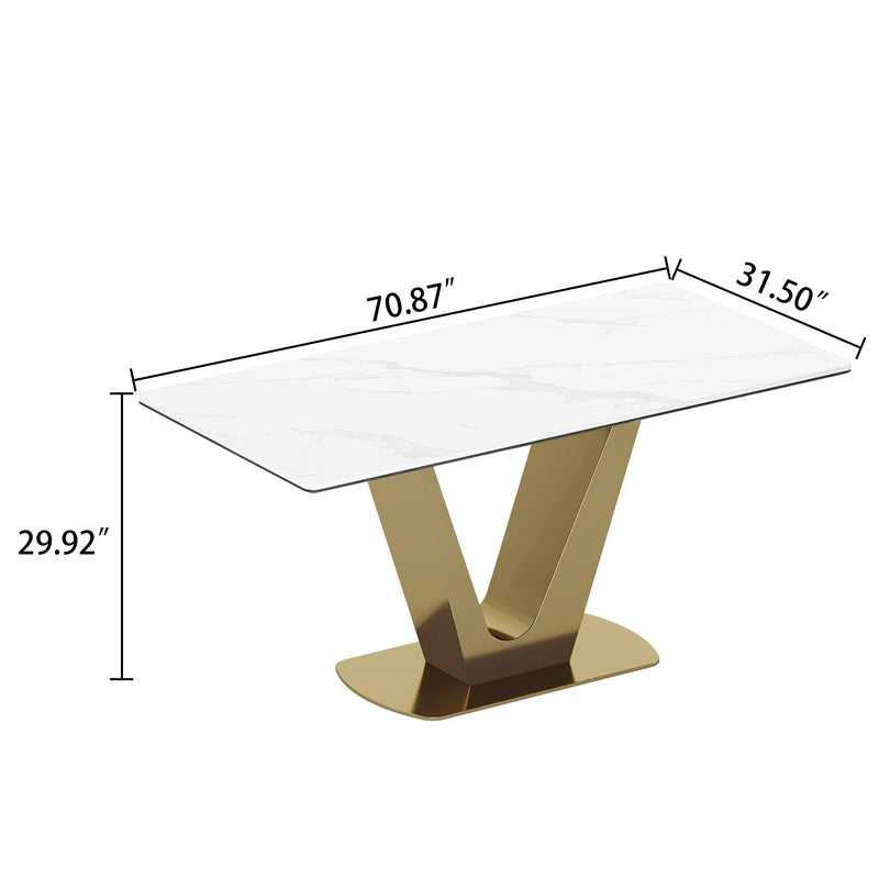0.47" Thick Sintered Stone Composite Tempered Glass Top Dining Table with V-Shape Stainless Steel Base