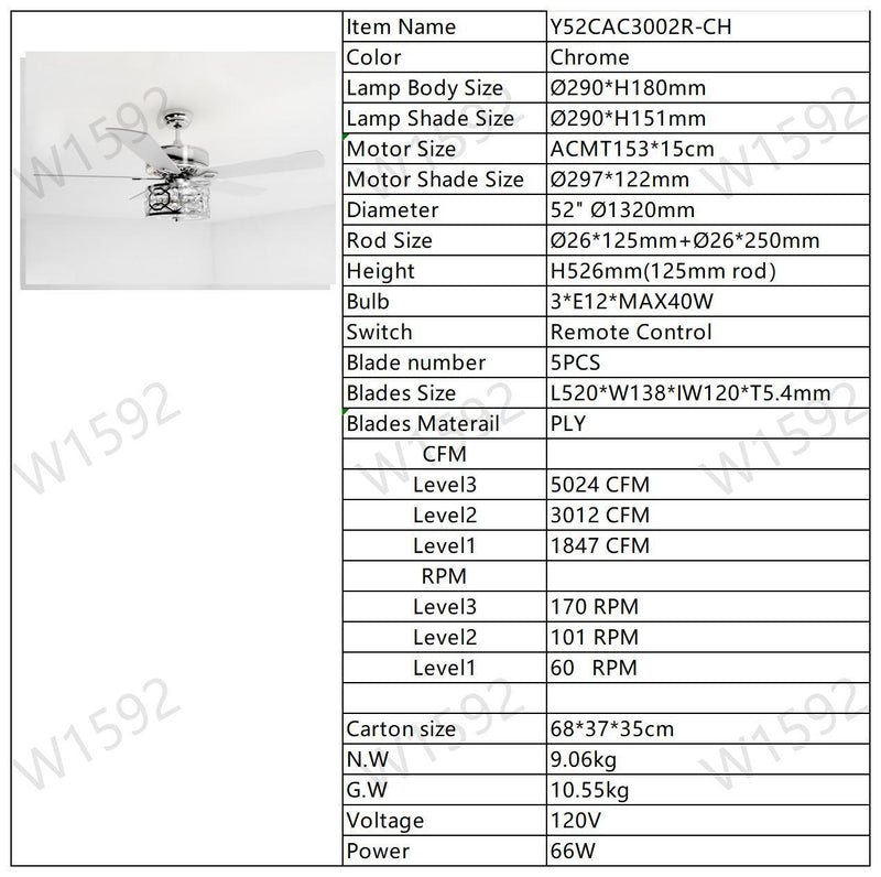 52 Inch Crystal Chandelier Fan Dual Finish Reversible Blades, Fandelier for Living Room, Dining Room, Bedroom, Family Room, Chrome