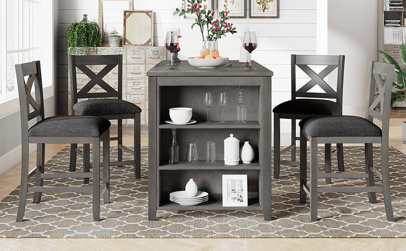 5 Pieces Counter Height Rustic Farmhouse Dining Room Wooden Bar Table Set with 4 Chairs, Gray