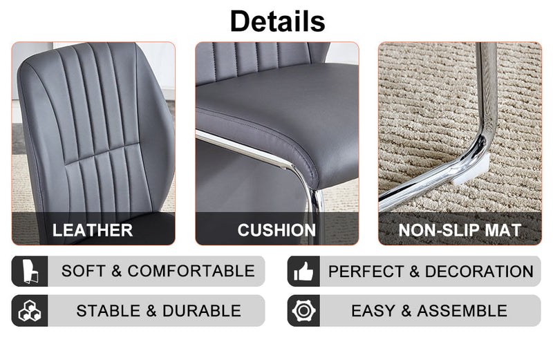 A set of 4 dining chairs, gray dining chair set, PU material patterned high backrest seats and sturdy leg chairs, suitable for restaurants, kitchens, and living rooms.