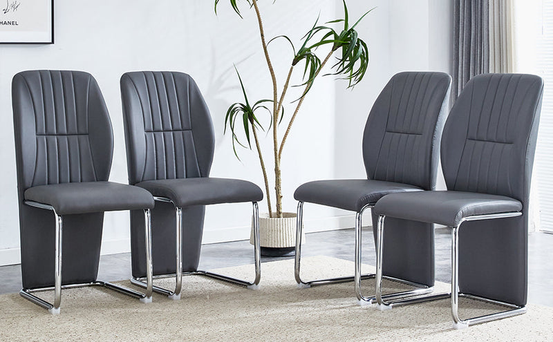 A set of 4 dining chairs, gray dining chair set, PU material patterned high backrest seats and sturdy leg chairs, suitable for restaurants, kitchens, and living rooms.