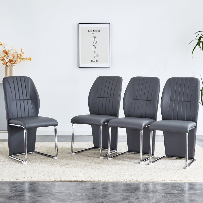 A set of 4 dining chairs, gray dining chair set, PU material patterned high backrest seats and sturdy leg chairs, suitable for restaurants, kitchens, and living rooms.