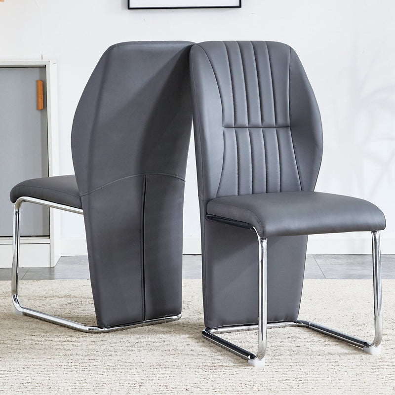 A set of 4 dining chairs, gray dining chair set, PU material patterned high backrest seats and sturdy leg chairs, suitable for restaurants, kitchens, and living rooms.