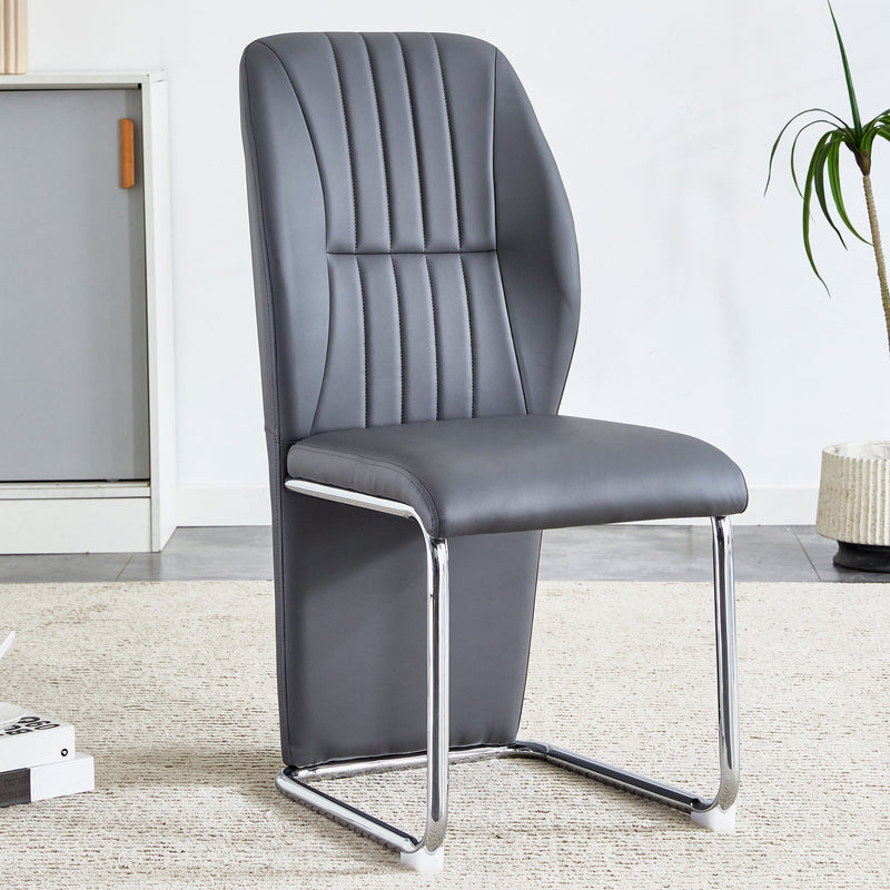 A set of 4 dining chairs, gray dining chair set, PU material patterned high backrest seats and sturdy leg chairs, suitable for restaurants, kitchens, and living rooms.