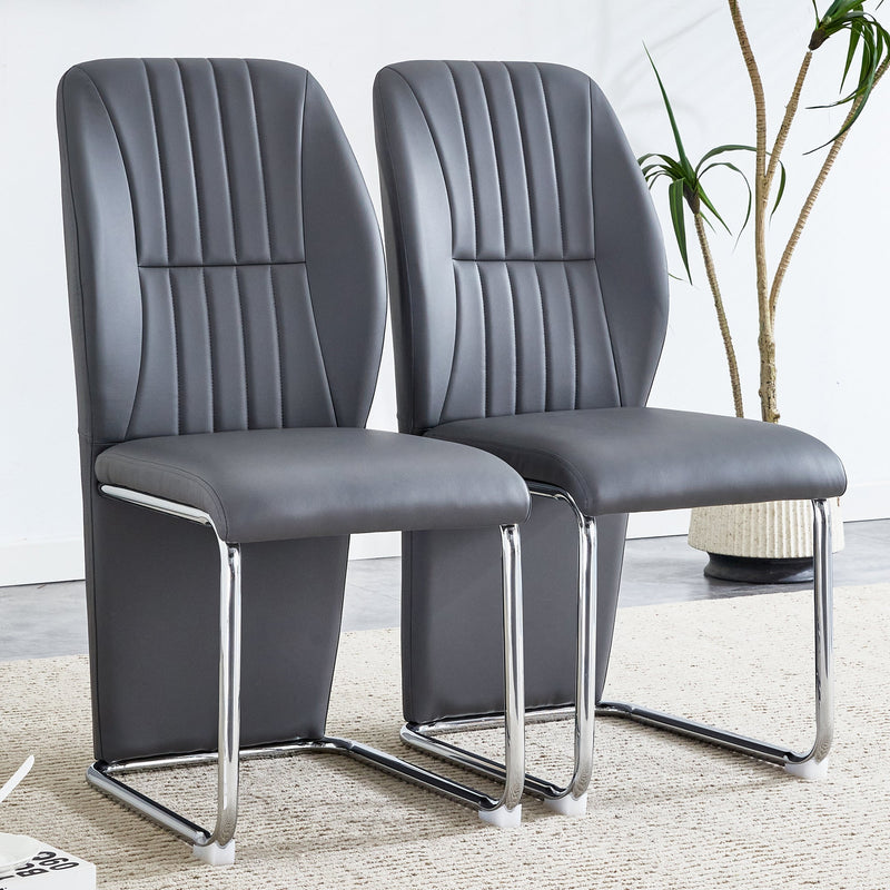 A set of 4 dining chairs, gray dining chair set, PU material patterned high backrest seats and sturdy leg chairs, suitable for restaurants, kitchens, and living rooms.
